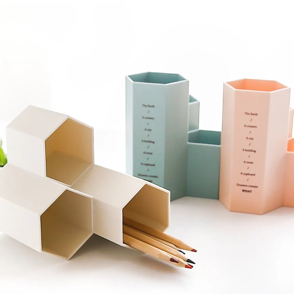 Multipurpose Plastic Pen Container Creative Hexagon Pen Holder Desk Pencil Storage Case Student Stationery Supplies