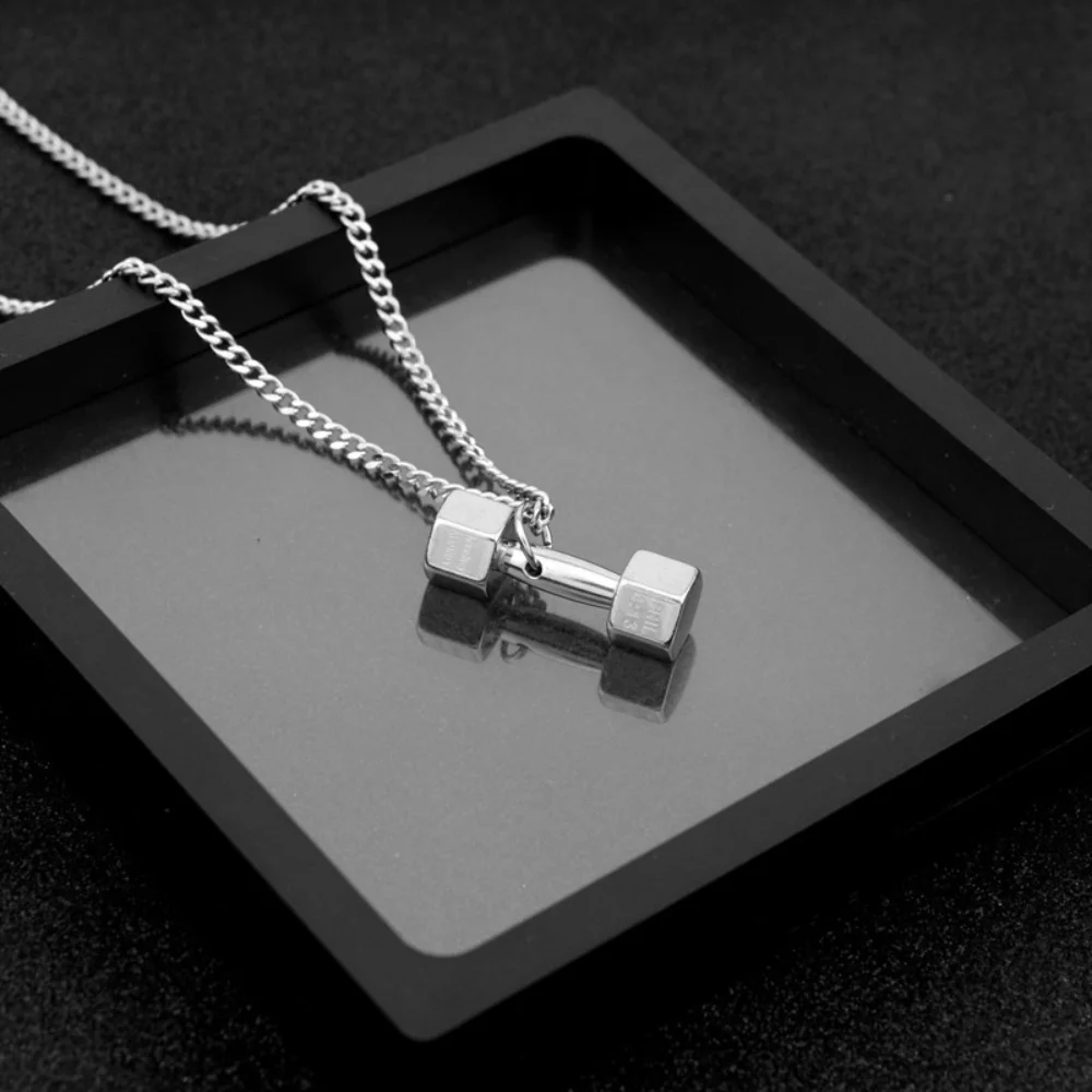 Hip-Hop-Hantel-Anhänger Lange Halskette Retro Silberfarben Edelstahl Herrenhalskette Einfache Pulloverkette Schmuck – Detail 2