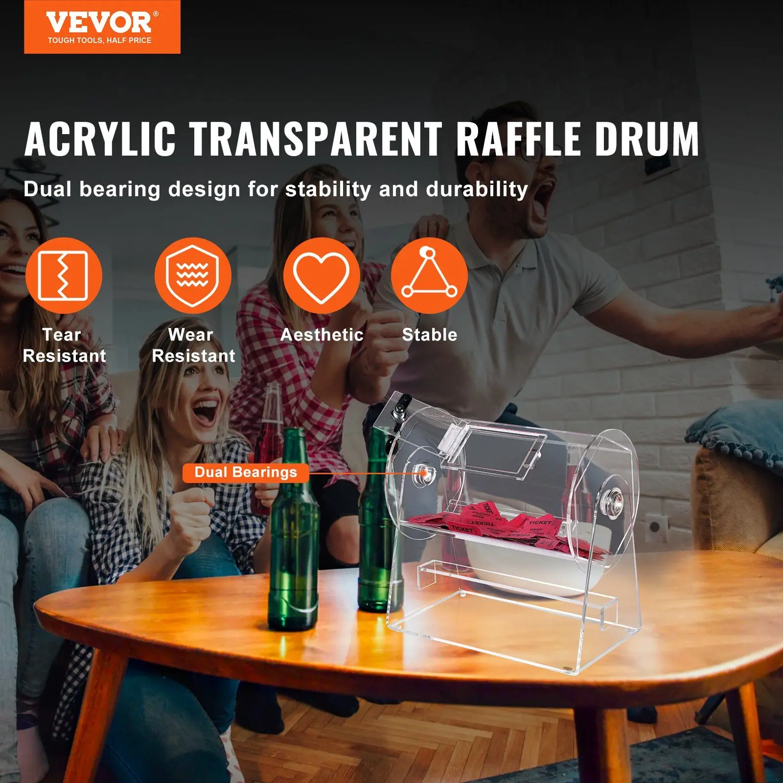 VEVOR Acrylic Raffle Drum, Professional Raffle Ticket Spinning Cage with 2 Keys, Transparent Lottery Spinning Drawing, Holds 250