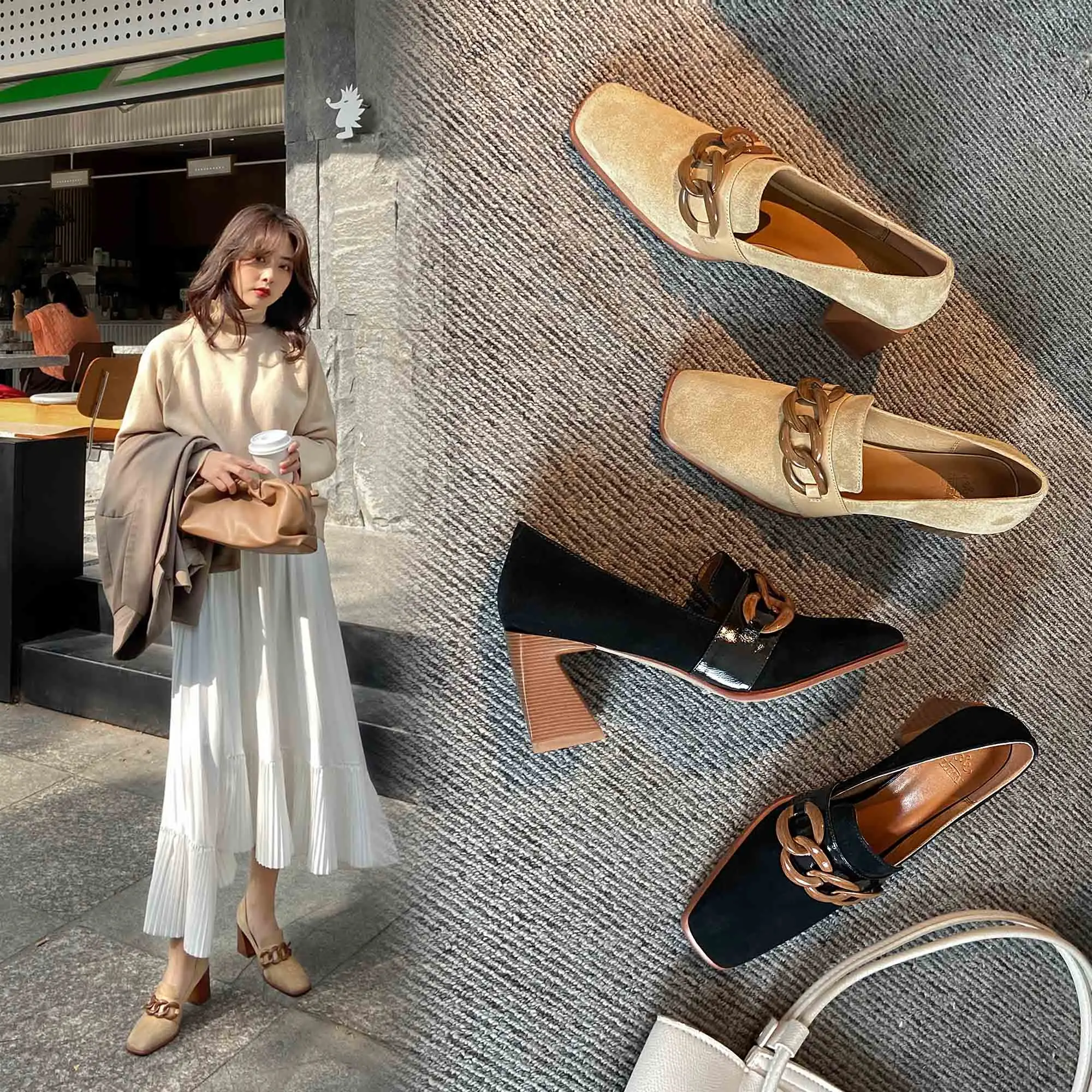 Suede Square Toe Women\'s Spring Shoes 2023 Spring High Heels Pumps for Women Metal Decoration Working Party Shoes Woman Heels