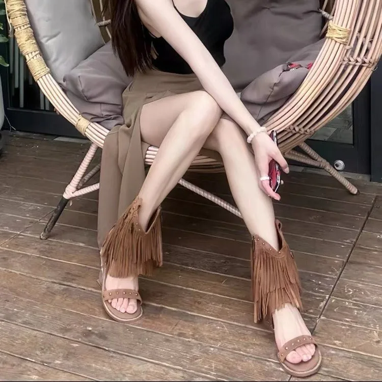 Embroidered Cool Boots 2025 New Summer Inner Heightened Open-toe Tassel Platform Women's Shoes view 4