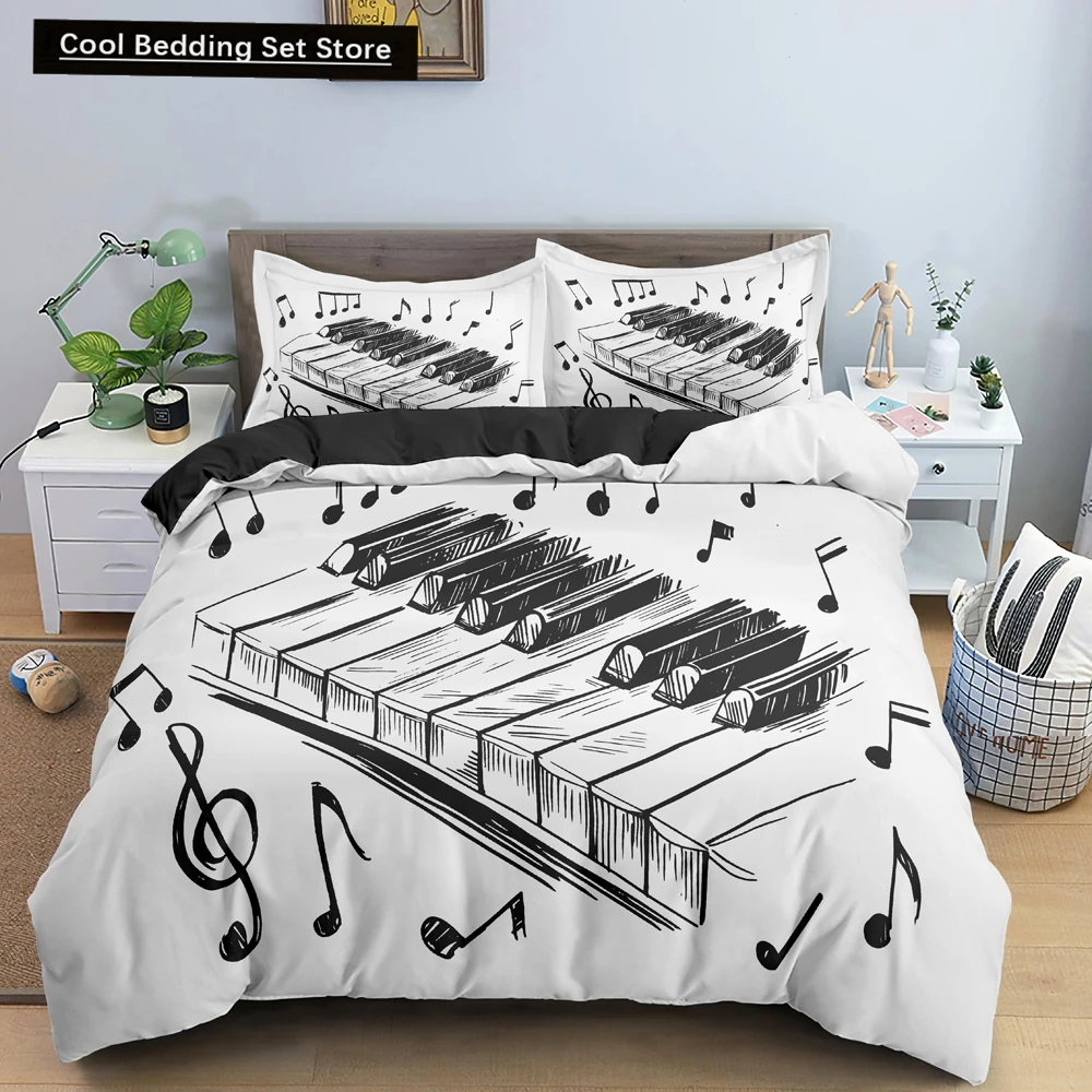 

Piano Music King Queen Duvet Cover Musical Notes Bedding Set for Kids Teens Girls Black and White Piano Keys 2/3pcs Quilt Cover