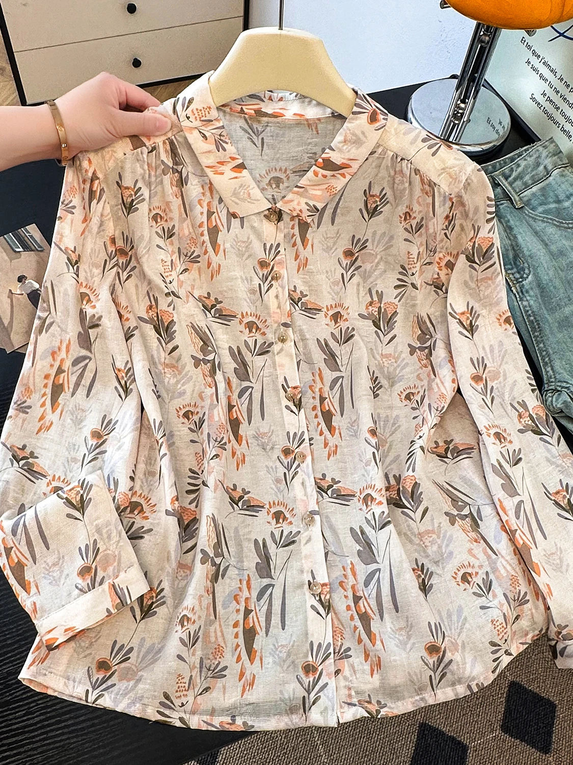 

Artistic Vintage Print Long Sve irt Large Size Women's Loose Fit Versatile Top Button down Collar Casual Spring Wear