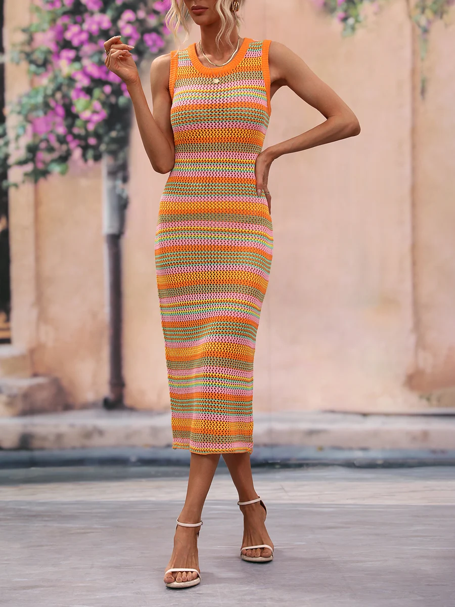 Women Tank Tops Knit Long Dress Sleeveless Slim Fit High Waist Casual Stripes Crochet Holiday Beach Party Street