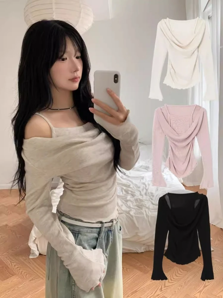 

Sweet Fungus Knitted T-shirt for Women Y2k Fake Two Piece Long Sleeve Tops Mujer 2025 Early Spring New Black Tee Shirt