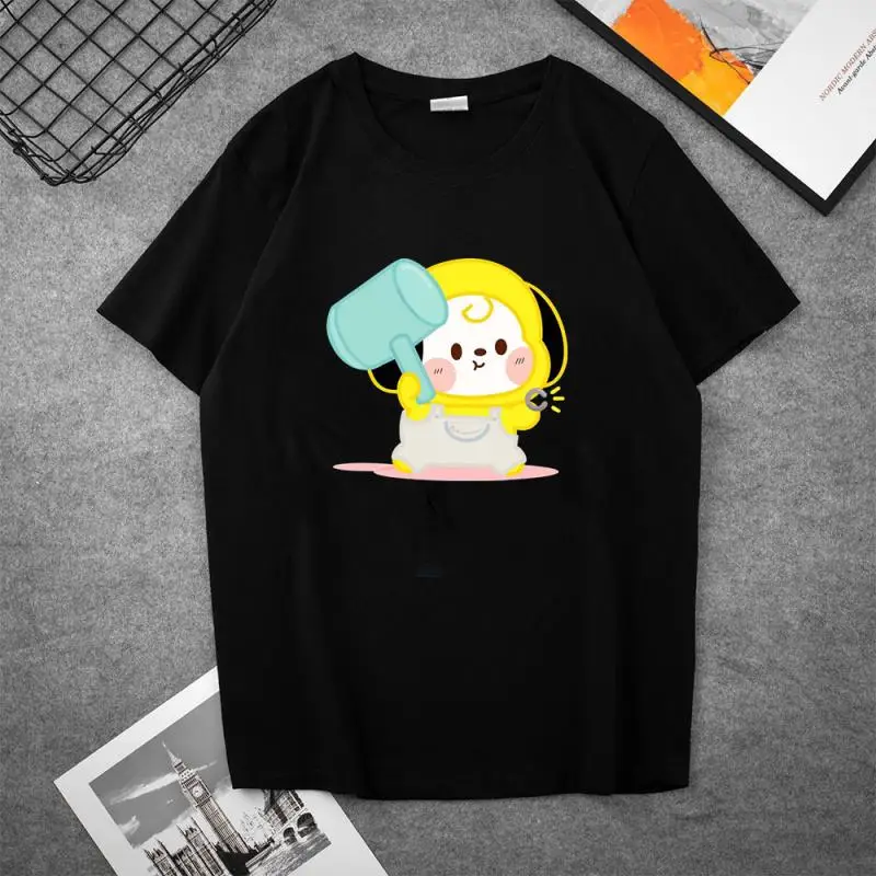 Cute Bt21 Cartoon Doll Printing Short Sleeve Summer Casual Simple T-Shirt Classic Black and White Round Neck Top Holiday Gift