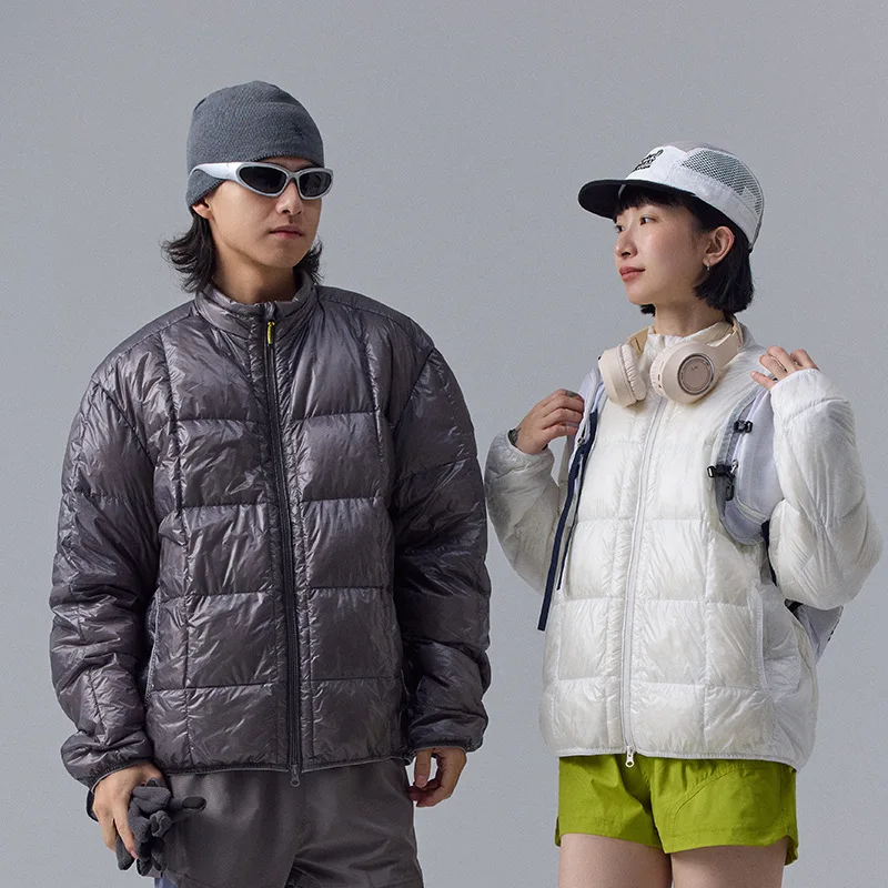 Alta qualidade impermeável 10d náilon ultra leve 90% branco para baixo jaqueta masculina e feminina gola portátil puffer jaqueta JK-076