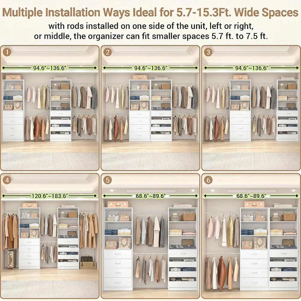 Aheaplus Closet System 6-15Ft Closet Organizer with 8 Wooden Drawers White
