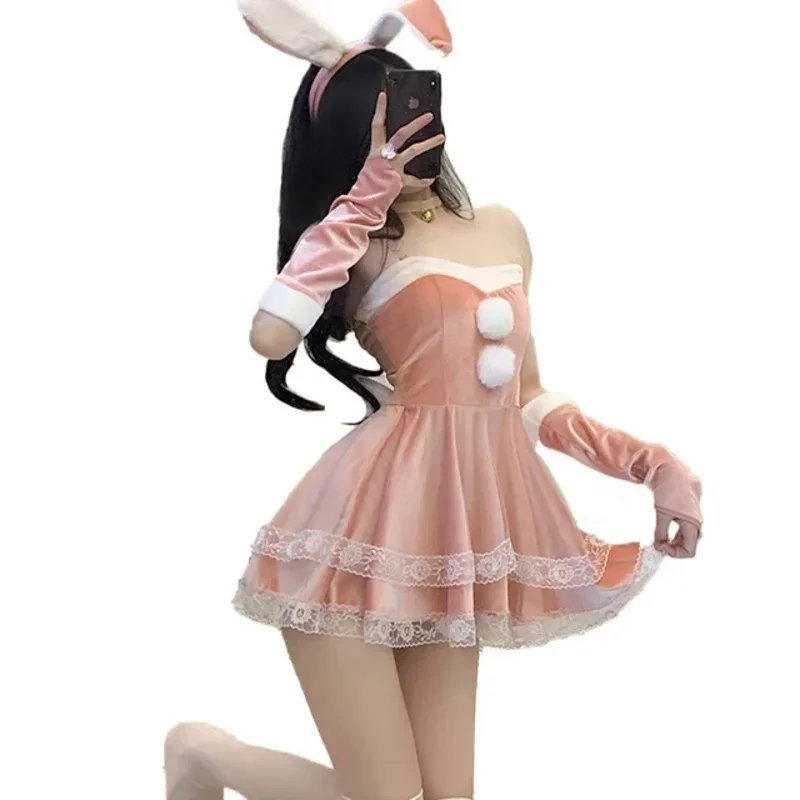 Wat22 คริสต์มาสสีแดงSantaคอสเพลย์เครื่องแต่งกายกระต่ายสีชมพูเซ็กซี่ชุดCanaryกํามะหยี่ลูกไม้กระโปรงHeadbandถุงมือที่ไม่มีสายหนังใหม่ 2025 AA