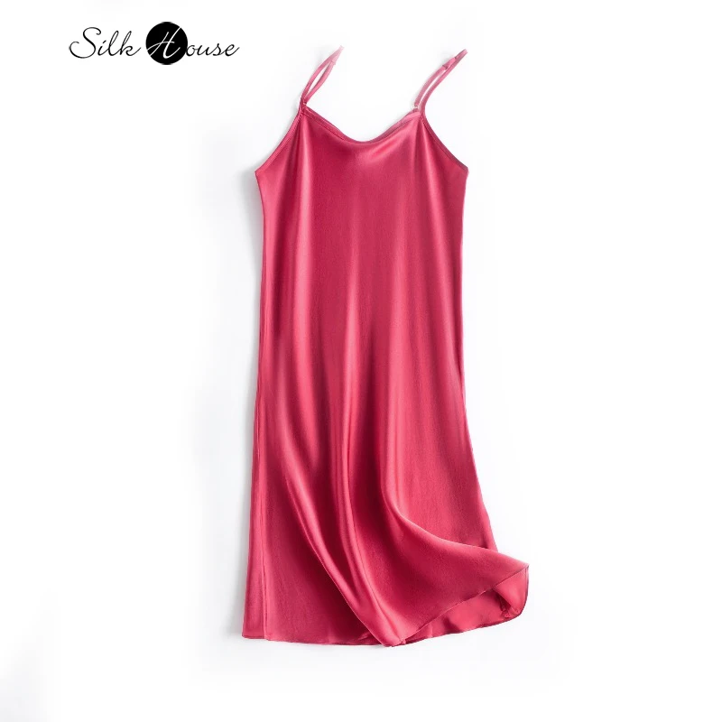 

Women's Casual 100% Natural Mulberry Silk Plain Satin Adjustable Shoulder Strap Rose Red Skin-friendly Comfortable Nightgown