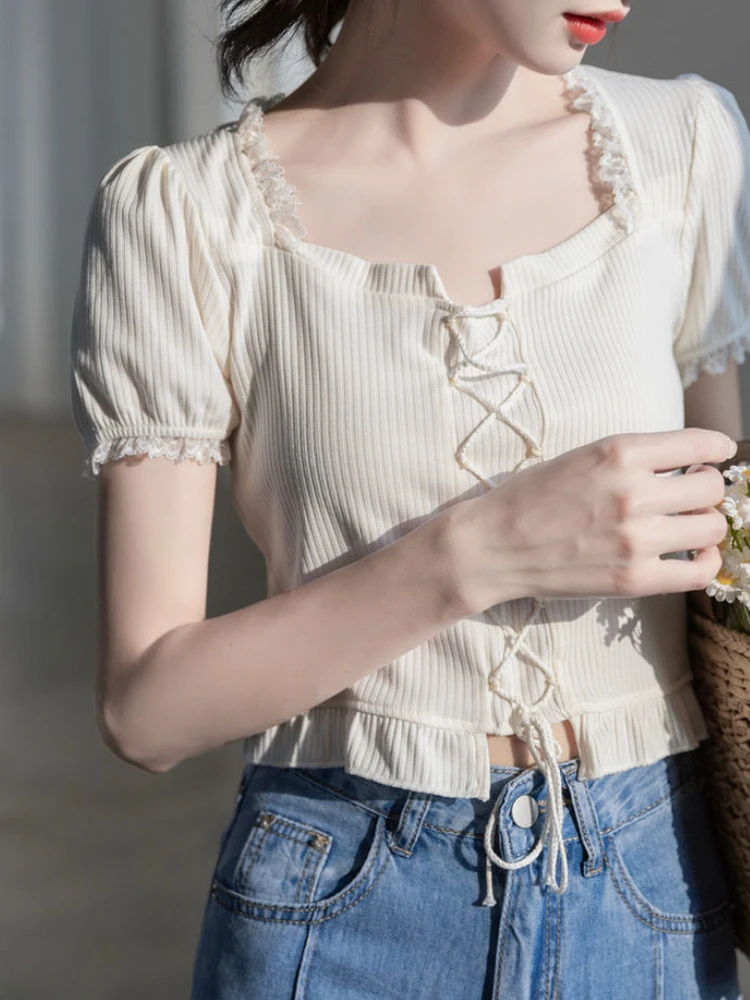 

Short Sleeve T-shirts Women Cozy Skinny Sweet Bandage Summer Ins Square Collar Minority Casual Korean Style Simple New Stylish