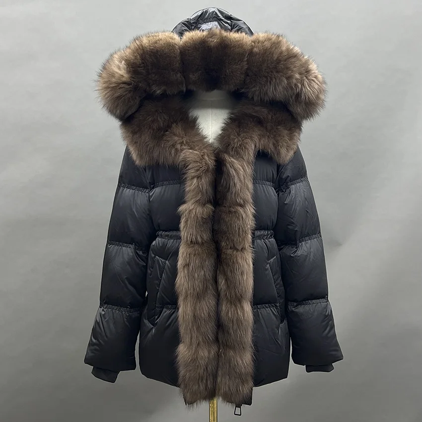 JANEFUR 2025 Winter White Goose Down Jacket Real Fur Hooded Puffer Jacket Women Thicken Warm Mid Long JFB8-25010