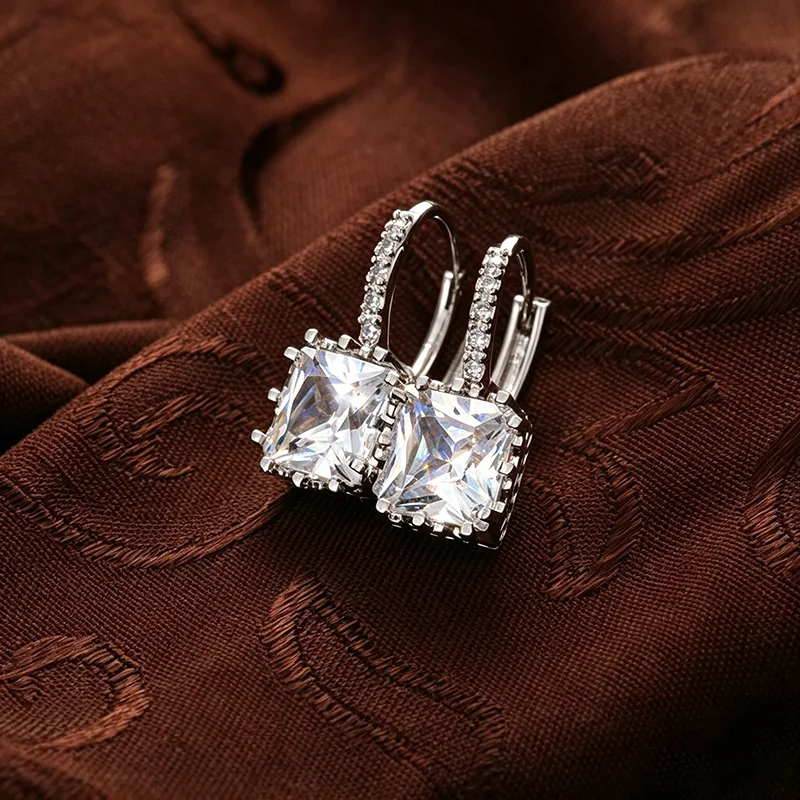925 Sterling Silver French Earwires Earrings Shiny Square Cubic Zircon Leverback Woman Wedding Party Jewelry