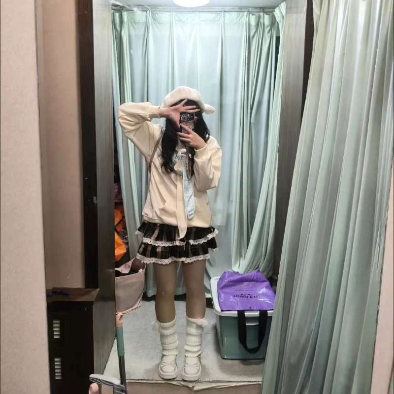 الخريف الكورية خمر منقوشة كعكة قميص حار فتاة Harajuku الحلو Y2k اليابانية لوليتا نمط الدانتيل تصميم تنورة صغيرة ملابس امرأة #1