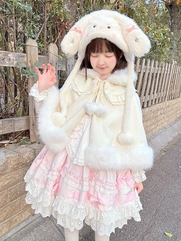 Japanese Soft Girls Cute Rabbit Ears Hooded Cloak Winter New 2025 Women's Sweet Cute Warm Short Jacket Y2K Lolita Capes Ponchos