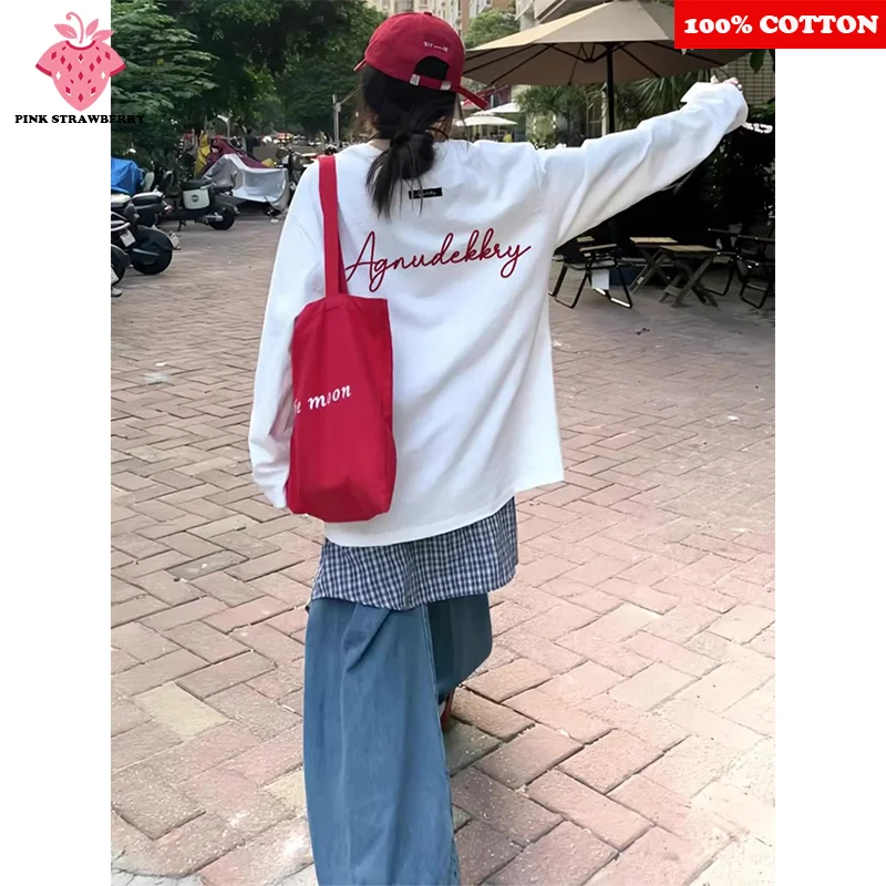 

100% Cotton Letter Print T-shirt Women Autumn 2025 New High quality White Long sleeved Tee Loose Casual Y2k Top Ladies clothing