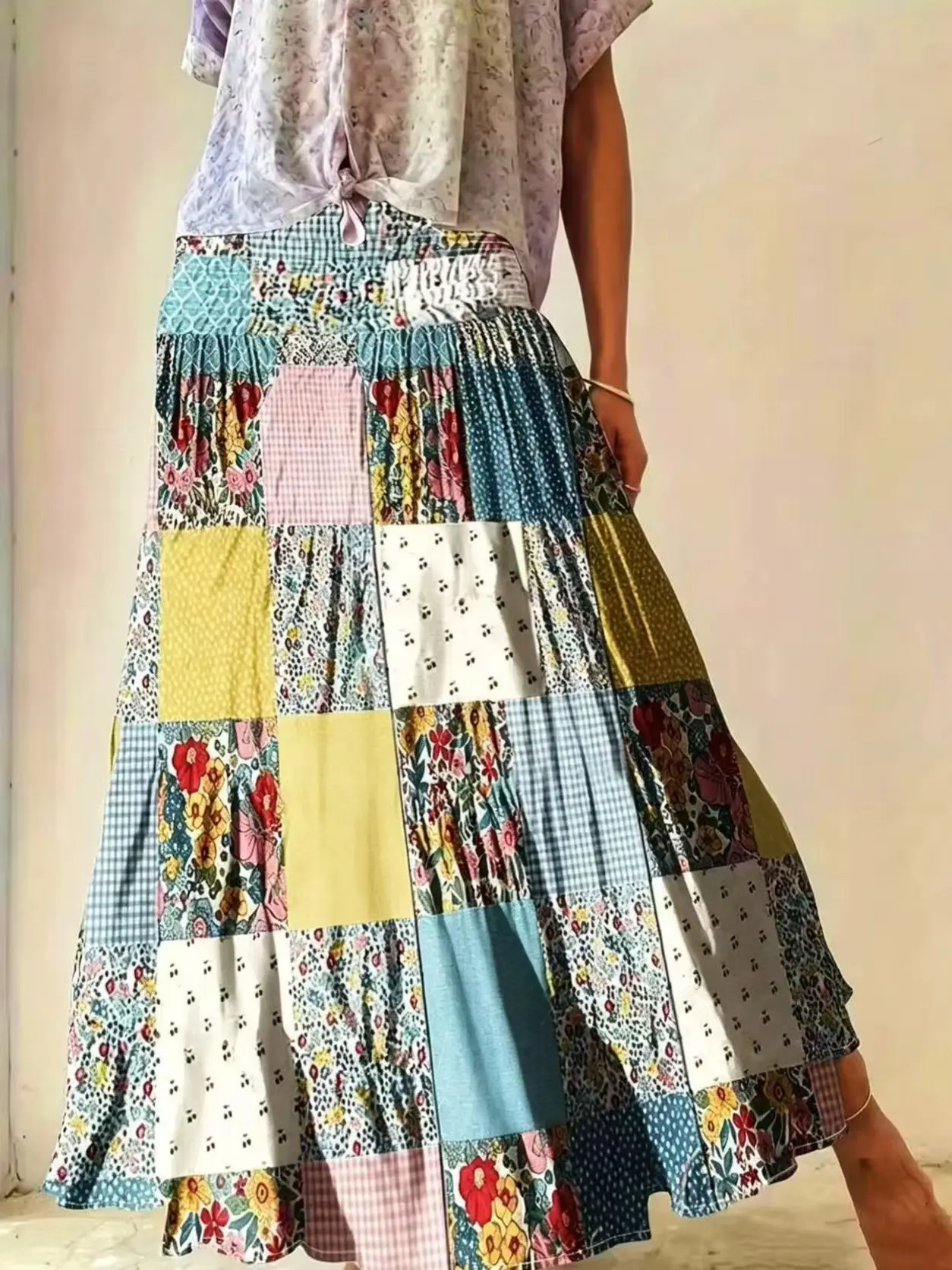 Women Patchwork Floral Plaid Maxi Skirt Elastic Smocked High Waist Tiered Flowy Boho Long Skirt