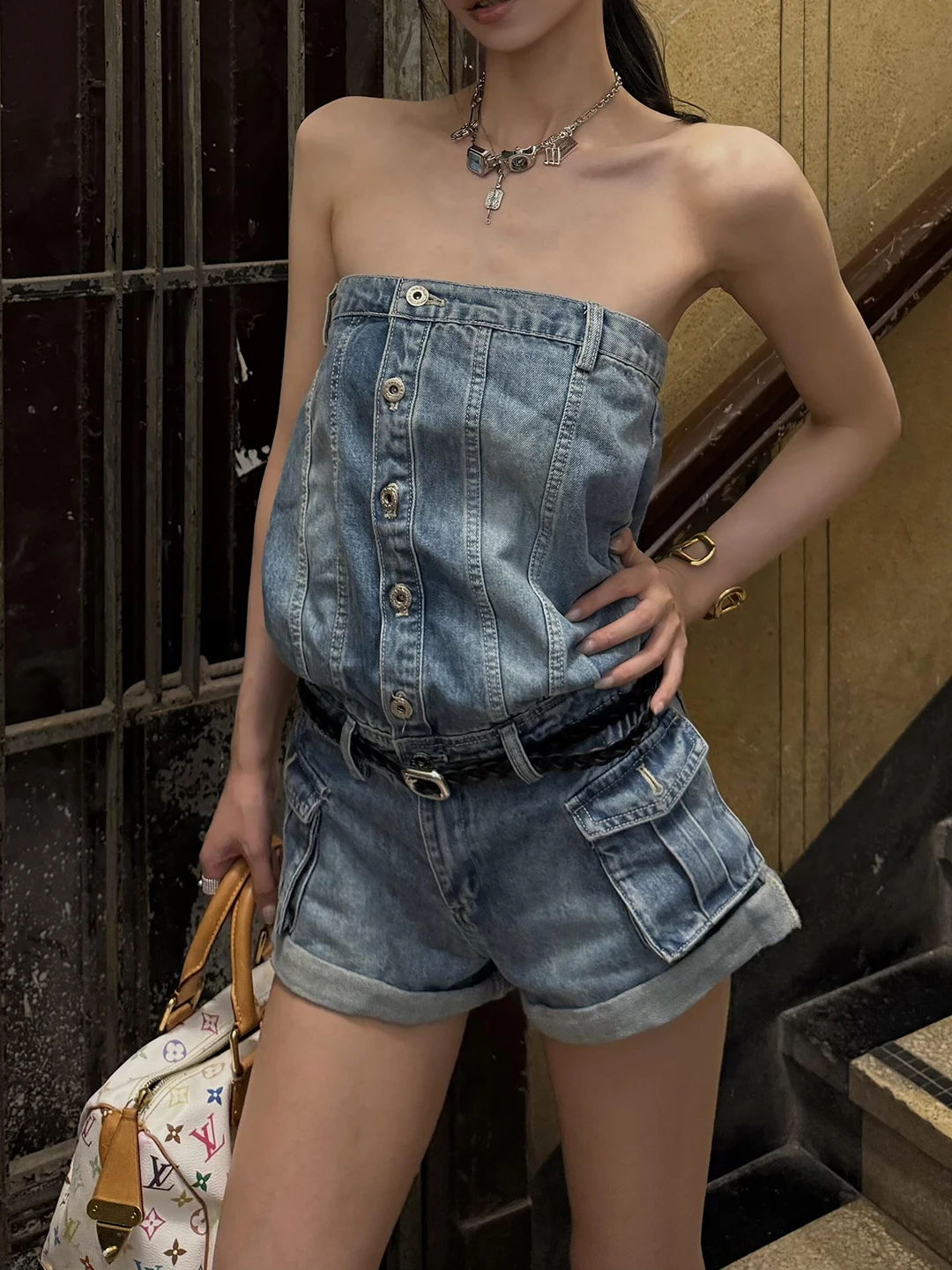 

Ретро-комбинезон в американском стиле, синий, женский, летний, уличный, рабочий, с карманами, на пуговицах, с топом-бюстье, широкие шорты, повседневные джинсовые шорты