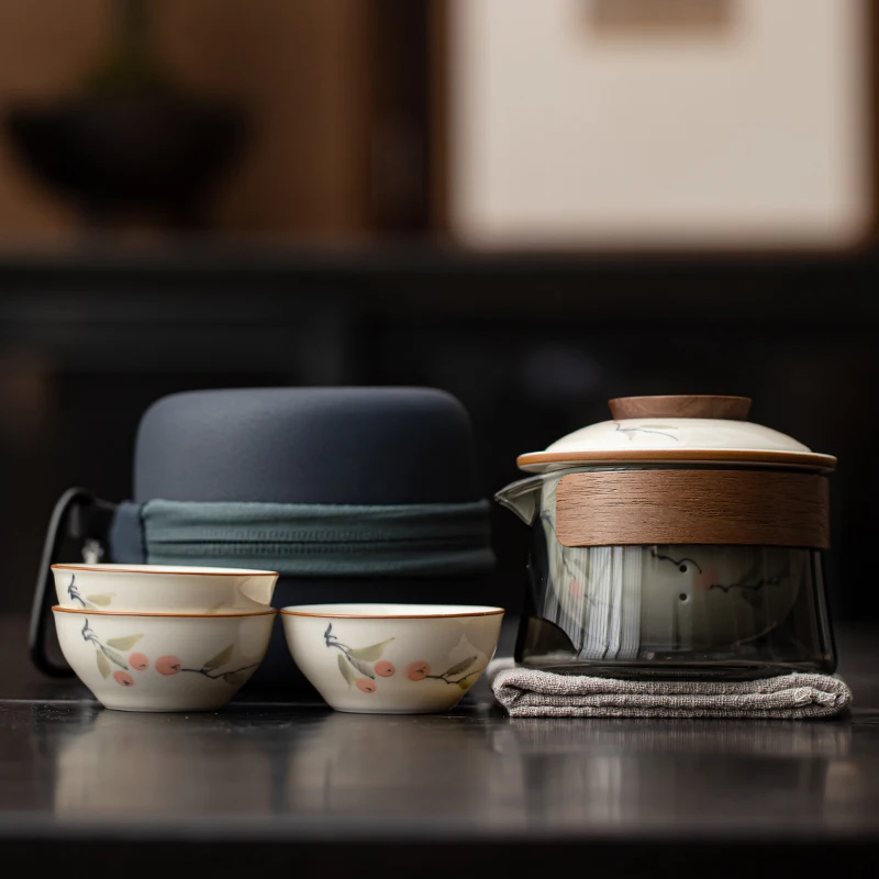 Hand-drawn Persimmon Porcelain Travel Tea Set Portable Outdoor KuaiKe Cup One Pot Three Cups KungFu Tea Set