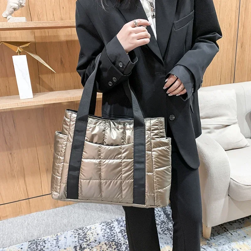Winter Plaid Nylon Cotton Handbag Large Capacity Waterproof Pad Feather Down Space Bag Causal Thread Shoulder Bag Sac A Main