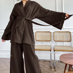 Pyjama kimono 2022 en pansement de coton pour femme, manches longues, vêtements de nuit pour femme, service à domicile, vêtements de nuit monochromes, nouveau, 100%