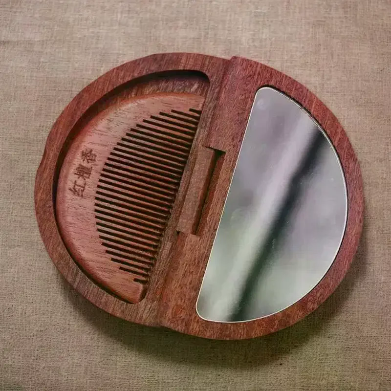 2 في 1 مجموعة مرآة مشط خشبية صغيرة خمر المحمولة مرآة قابلة للطي يده خشب الصندل الأحمر مرآة لوضع مساحيق التجميل السفر وديكور المنزل #2