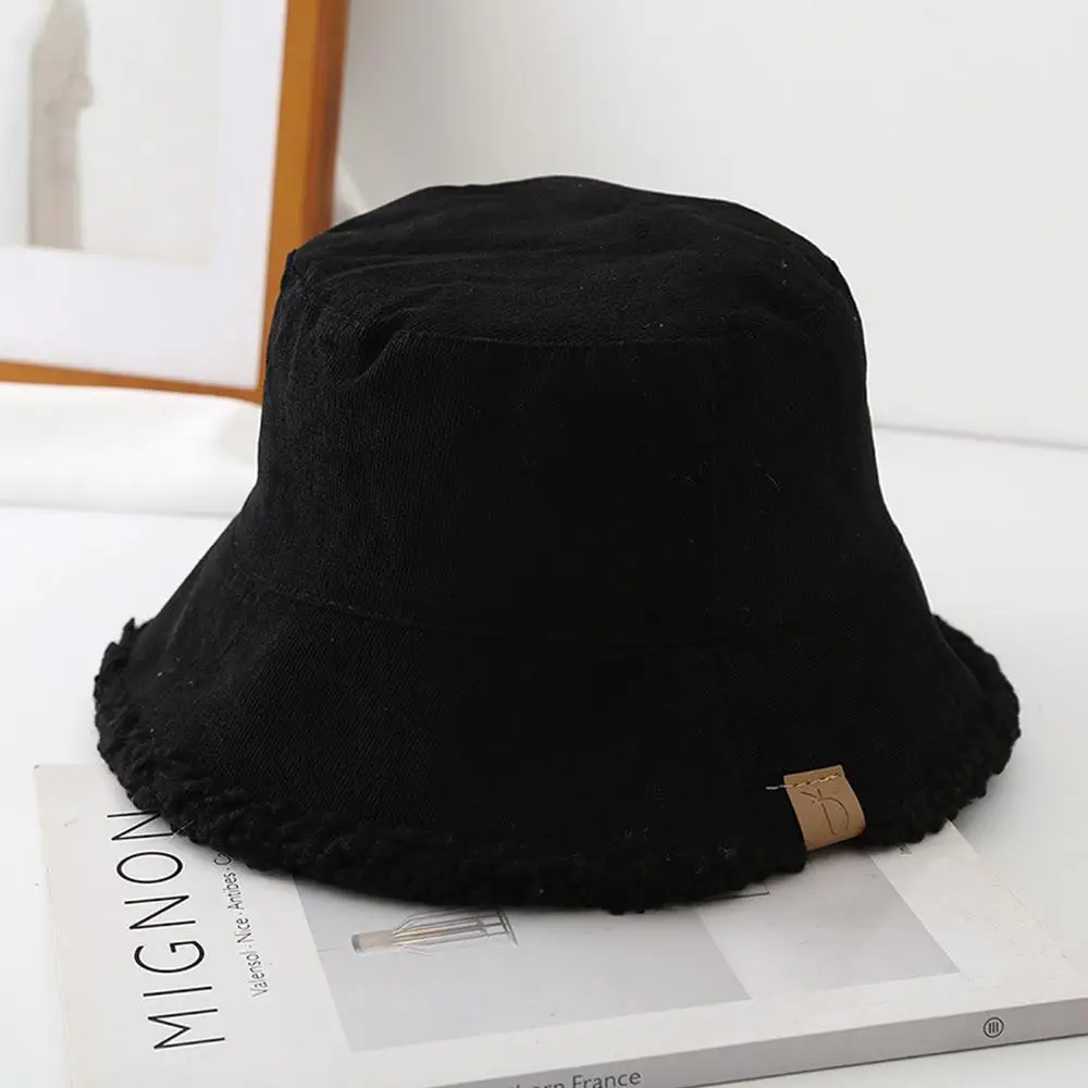 Trendy Lambswool Winter Bucket Hat Thickened Warm Fisherman Cap Soft Reversible Hip-Hip Cap for Women