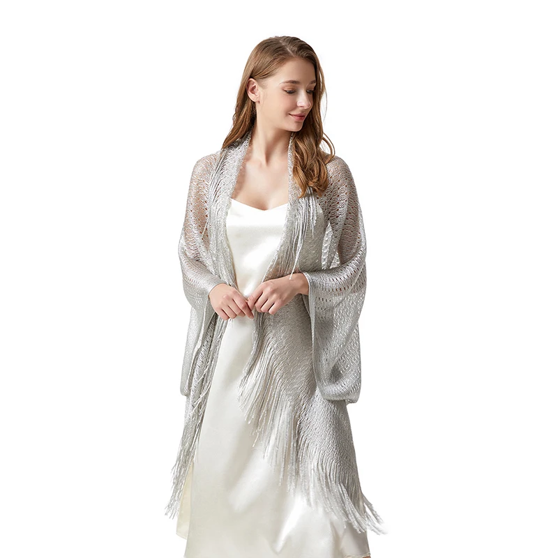 Polyester bat-sleeve cape Silver wedding party summer thin with hollowed-out fringe sun protection plus-size cardigan