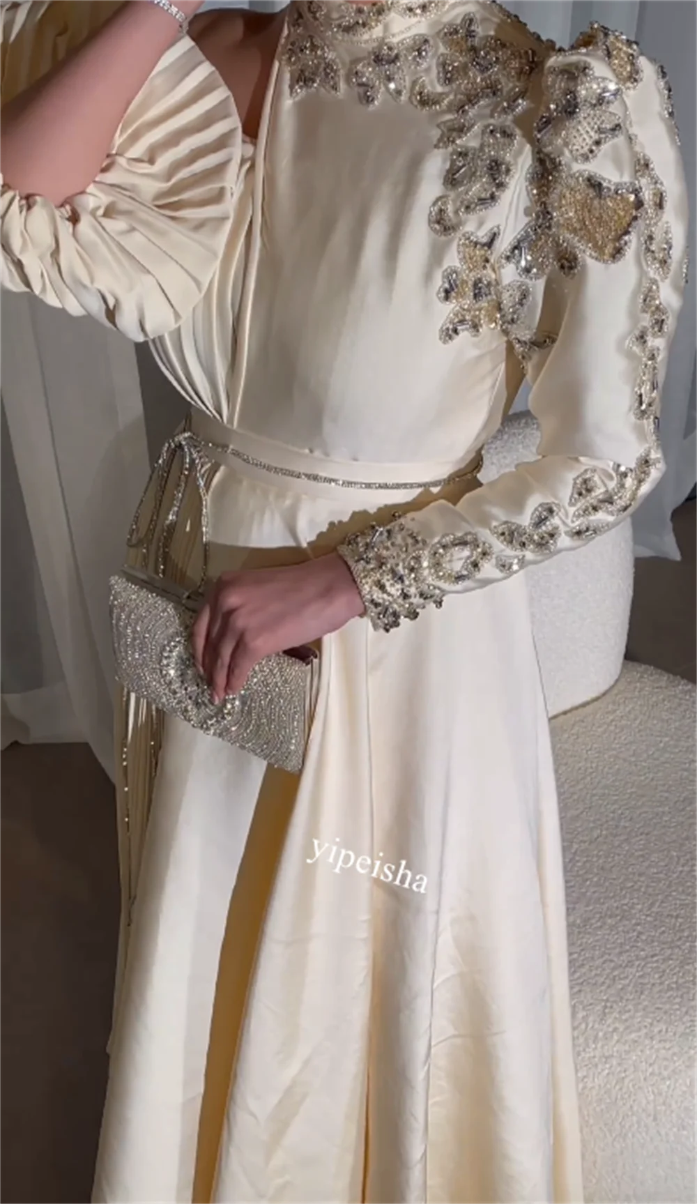 Customized Jersey Flower Sequined Beading Draped Valentine\'s Day A-line High Collar Bespoke Occasion Gown Long Dresses