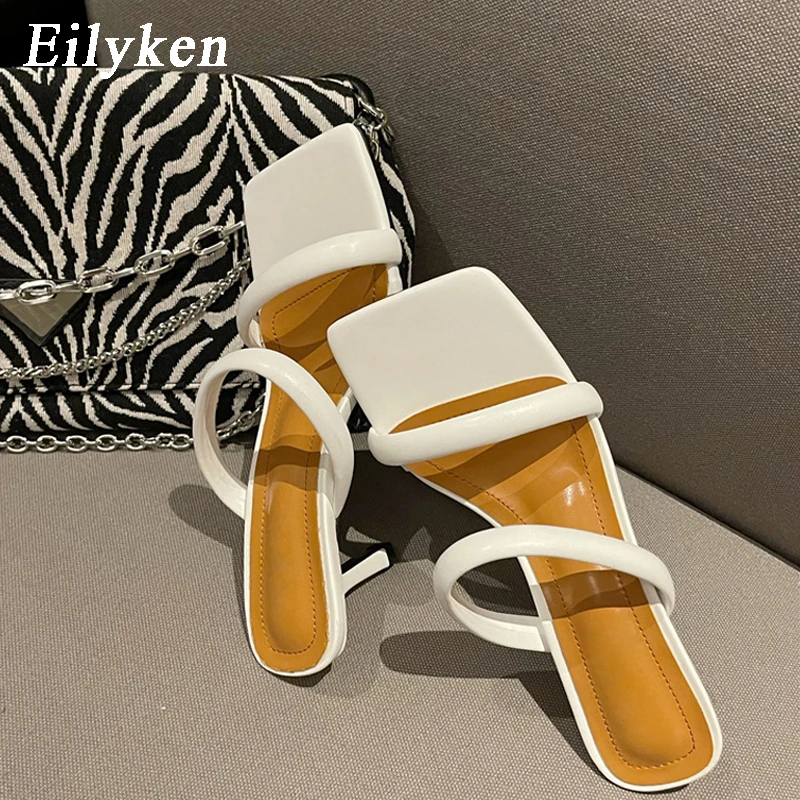 Eilyken Summer Yellow White Thin Heels Slippers Sandals Women Square Toe Mules Beach Slides Leisure Shoes