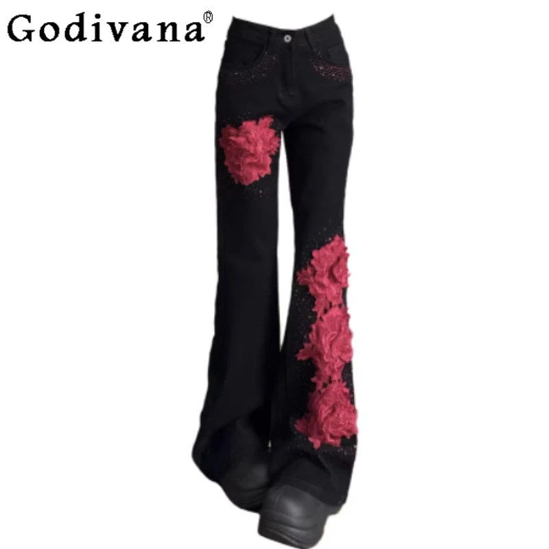 

Spring Autumn Fashion Rose Women Retro Black Bootcut Jeans Fashion High Waist Splicing Y2k Sexy Slim Versatile Do Old Trousers