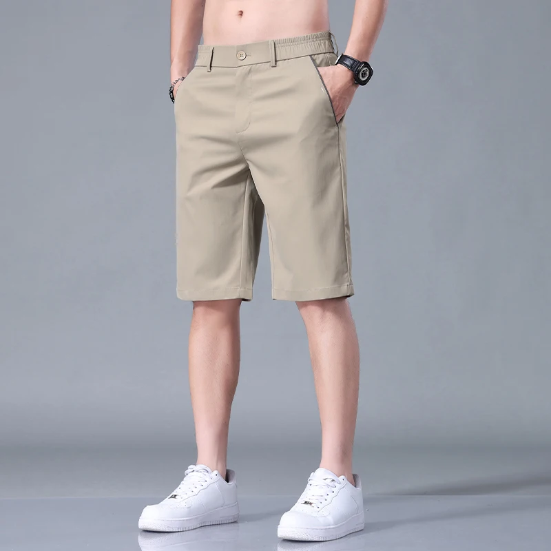 Summer Thin Men\'s Casual Shorts Solid Color Stretch Straight Fashion Short Casual Pants Male Ice Silk Cool Soft Midi Shorts