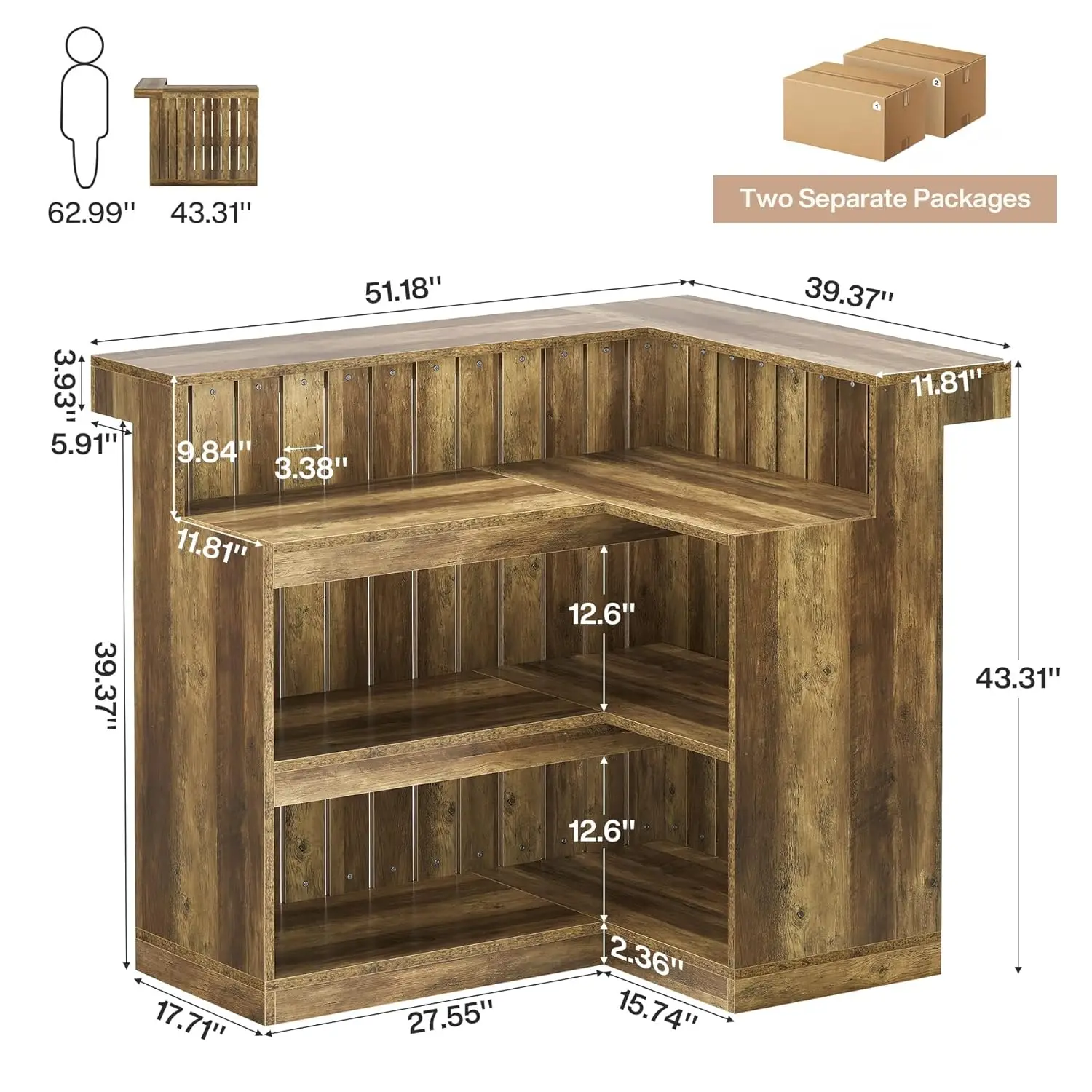 Mesa de Bar em L com 4 Níveis, Prateleira de Canto para Bebidas, Suporte para Taças de Vinho, Armário Industrial, Balcão de Recepção Marrom Personalizado