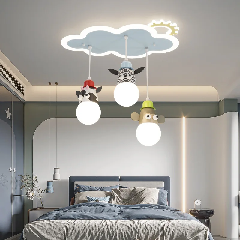 Cartoon Animal Chandelier Light for Kids Bedroom Study Lighting Zebra Monkey Pendant Hanging Lamp LED E27 Cloud Night Lights