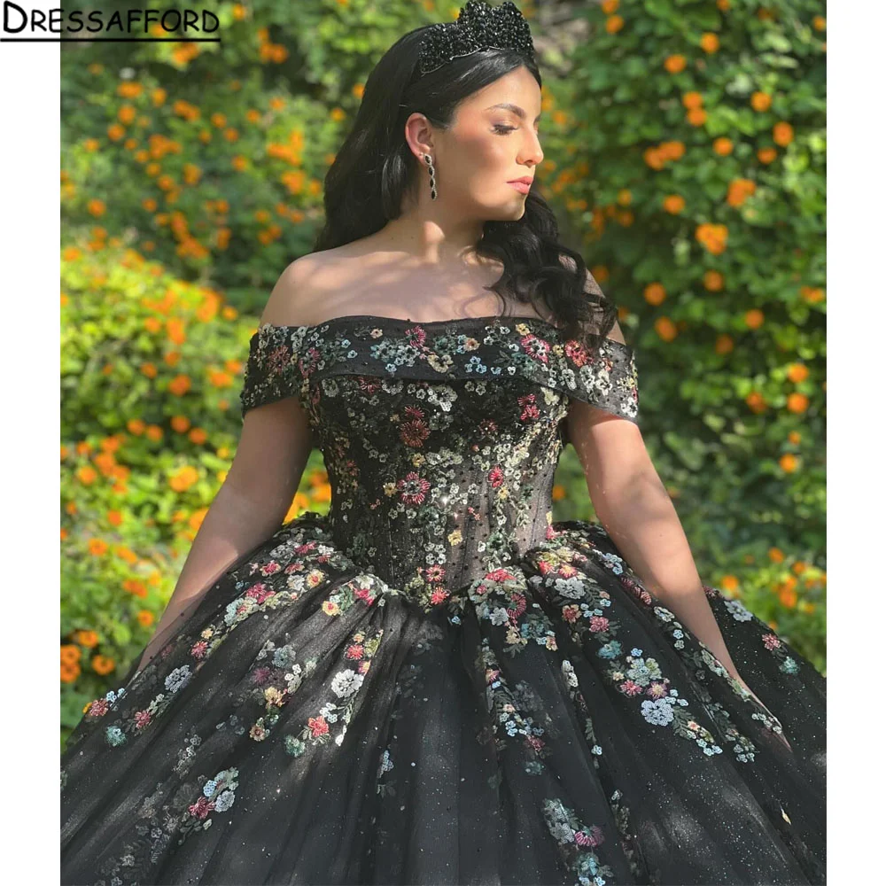 Mexico Black Sweetheart Ball Gown Quinceanera Dresses For Girls Beaded Appliques 3D Flowers Tiered Birthday Party Gowns Sweet 15