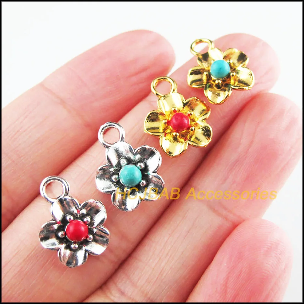 25 New Flower Charms Tibetan Silver Tone & Gold Color Red & Blue Stone Star Pendants 11x15mm HCJBAB