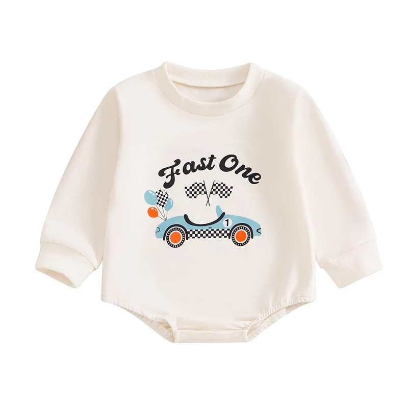 

Baby First Birthday Romper Long Sleeve Crew Neck Letters Racing Car Print Fall Bodysuit Clothes for Girls Boys