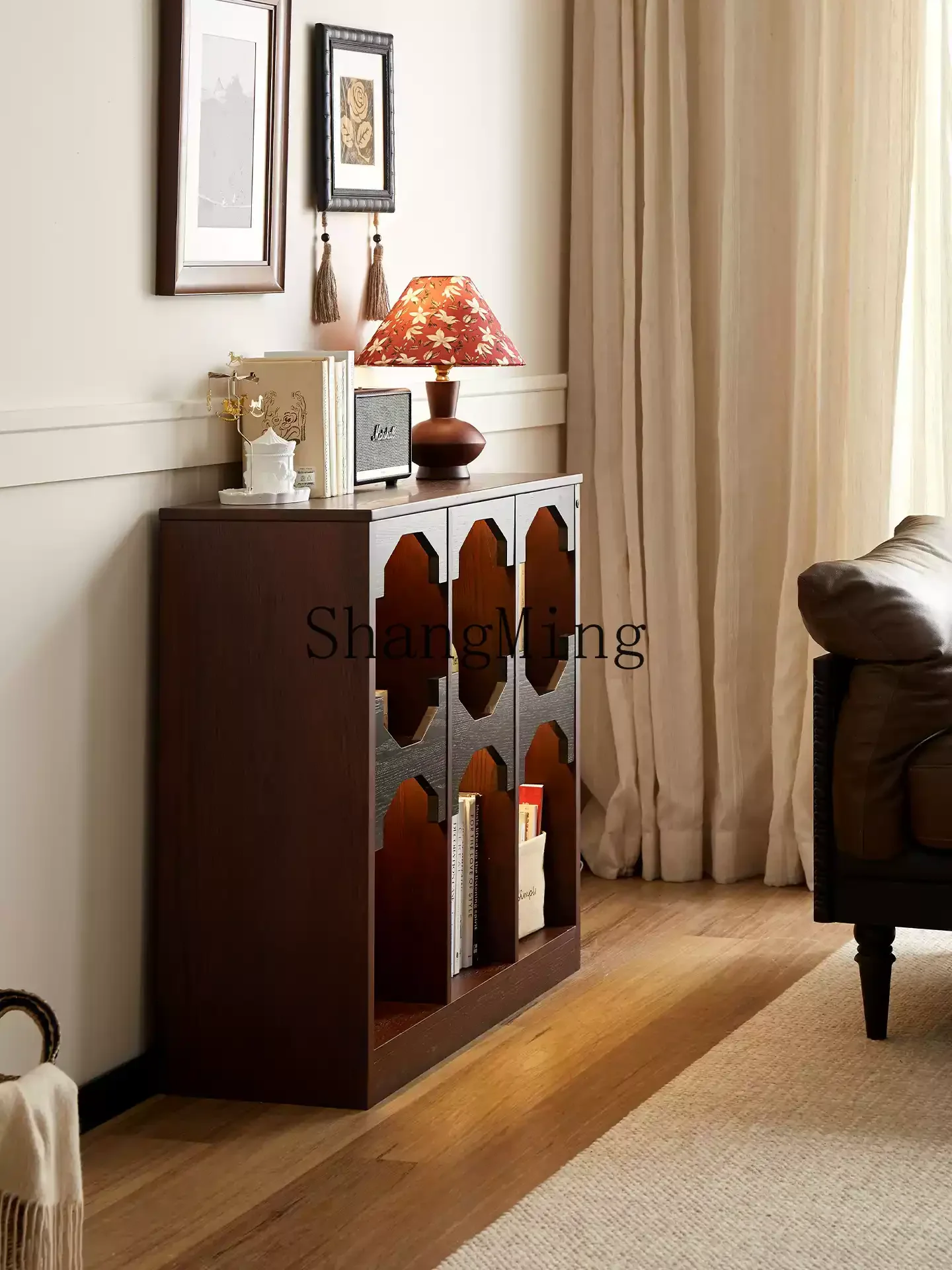 CL Retro Solid Wood Living Room Half-Wall TV Cabinet Integrated Floor Storage Combination Low Bookshelf