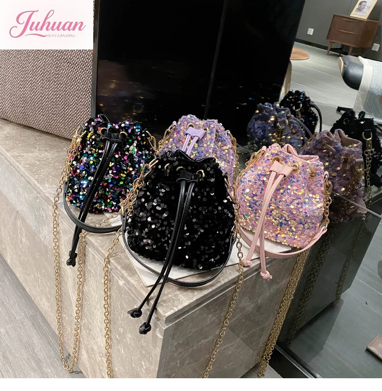 

Japanese 2025 New Trendy Sequined Handbag Women's Drawstring Chain Crossbody Purple Niche Mini Bucket Bag Spring Senior Sense