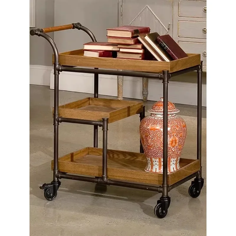 Hotel wine trolley restaurant mobile solid wood trolley dining cart creative meal side tea cart home retro old