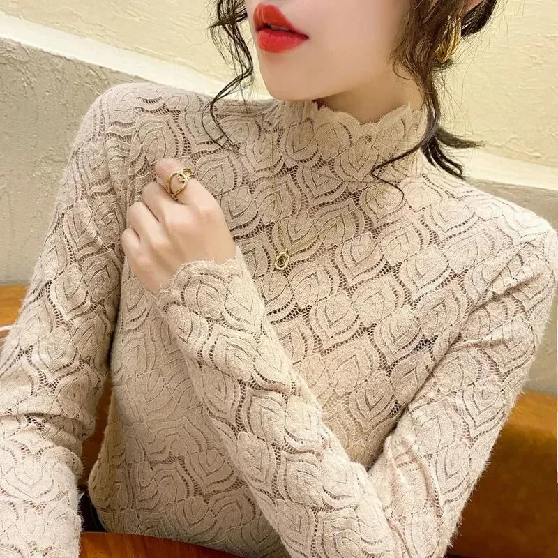 Half High Collar Lace Shirt Autumn And Winter New Brushed Shirt  Mesh Top Plush Shirt Mother Warm Long Sleeve Top For Female LD