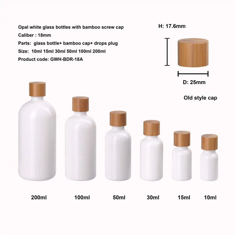 

Empty 10/15/30/50/100ml White Porcelain Glass Cosmetics Toner Bottles with Light/Dark Bamboo Screw Lids for Essential Oil Liquid