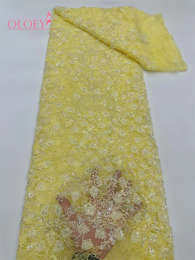 OLOEY High Quality 3D Beaded Sequins Lace Fabric African Embroidery Nigerian French Tulle Net for Sewing Party Dresses Drapes