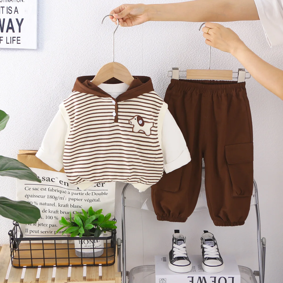 Baby Boy Fall Clothes Kids Clothing 2026 Spring Autumn Cartoon Dog Striped Hooded Vest + T-shirt + Pants 3 Piece Set Boys Outfit
