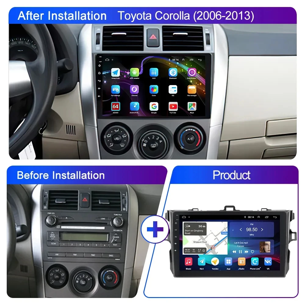 Carplay Car Stereo 4G WIFI Radio Android auto 2 din Android for Toyota Corolla E140/150 2006-2013 Central Multimidia Player