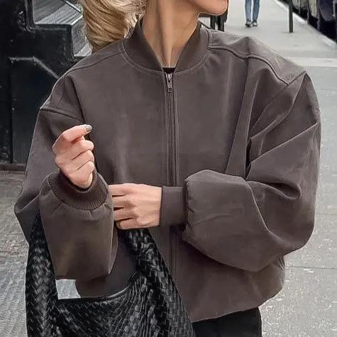 

Vintage Zipper Suede Women Coat O Neck Solid Full Sleeve Lady Jacket Fashion Autumn All Match Highstreet Female Outwear