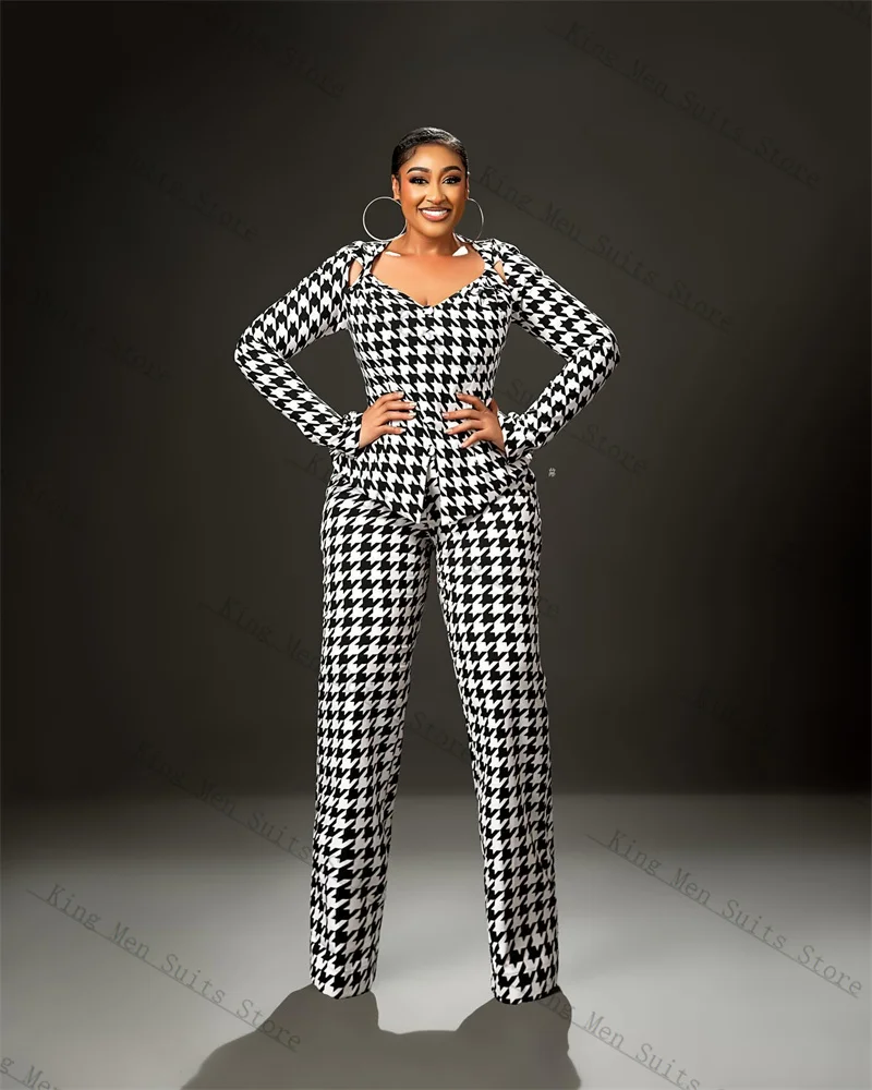 

Houndstooth Formal Women Suits Set 2 Pieces Blazer+Pants Trousers Customized Office Lady Jacket Cotton Fashion Wedding Prom Coat
