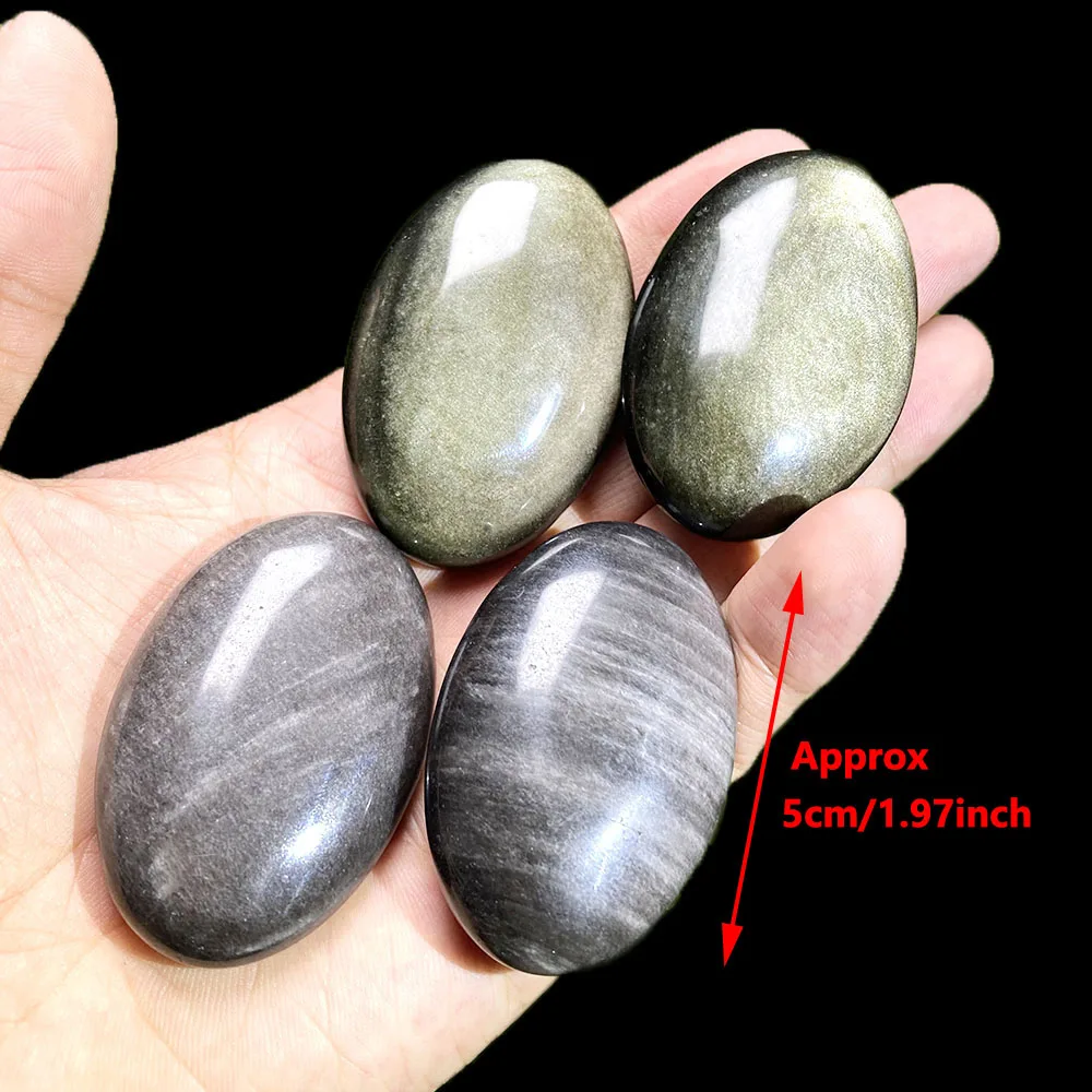 1Pc Silver Golden Obsidian Gold Sheen Palm Stone Oval Natural Crystal Real Gemstone For FengShui Healing Meditation Home Decor