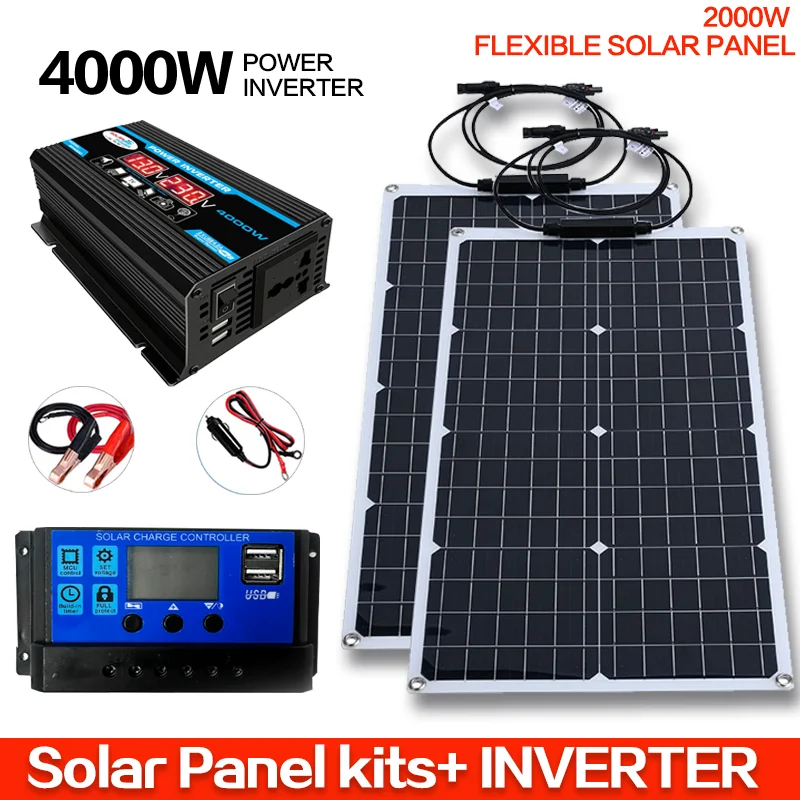 110V 220V 2000W flexible Solar Panel System 12V Battery Charging Controller 4000W Solar Inverter Kit Complete For Home Outdoor