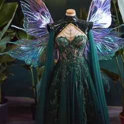 Chic Green Organza Evening Dresses Long Sleeve Floor Length Sequined Appliques Floor Length Prom Dress Special Occasion Gowns